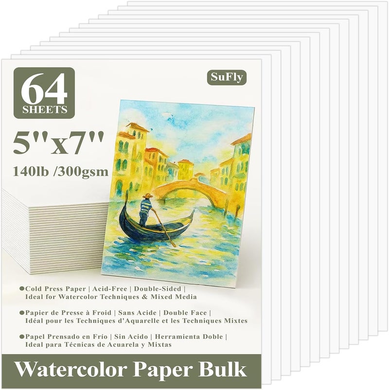 SUNFLY Water Color Paper Pad 5"x7" - 64 Sheets 140lb Cold Press Watercolor Paper Bulk, Water Color Paint Paper for Kids & Artists, White Painting Paper for Watercolor, Acrylic. - Image 1